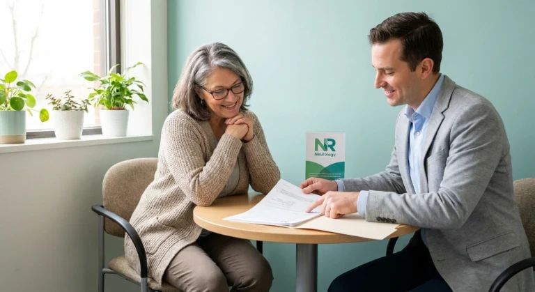 Patient discussing ATTR amyloid neuropathy diagnosis with neurologist in consultation