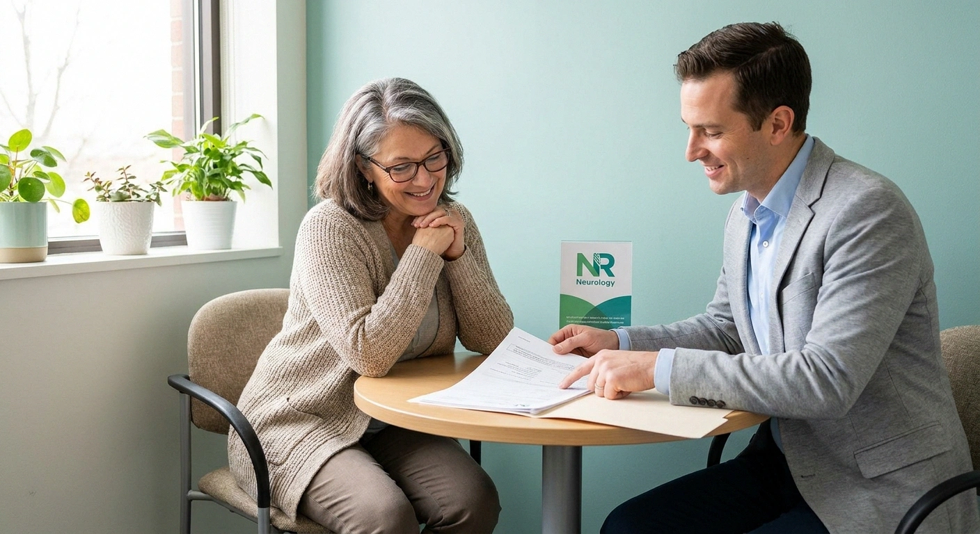 Patient discussing ATTR amyloid neuropathy diagnosis with neurologist in consultation