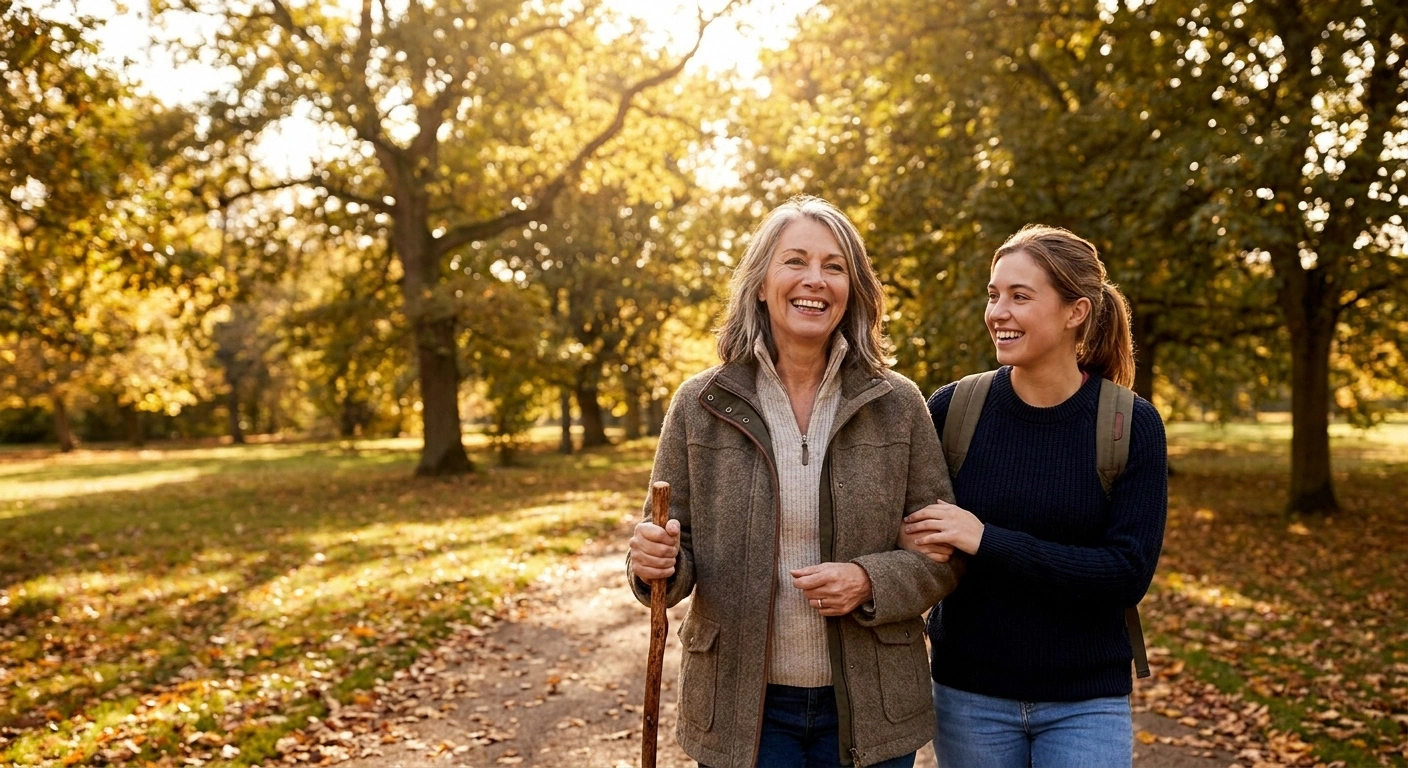 Woman with neuropathy living actively outdoors with support of family member