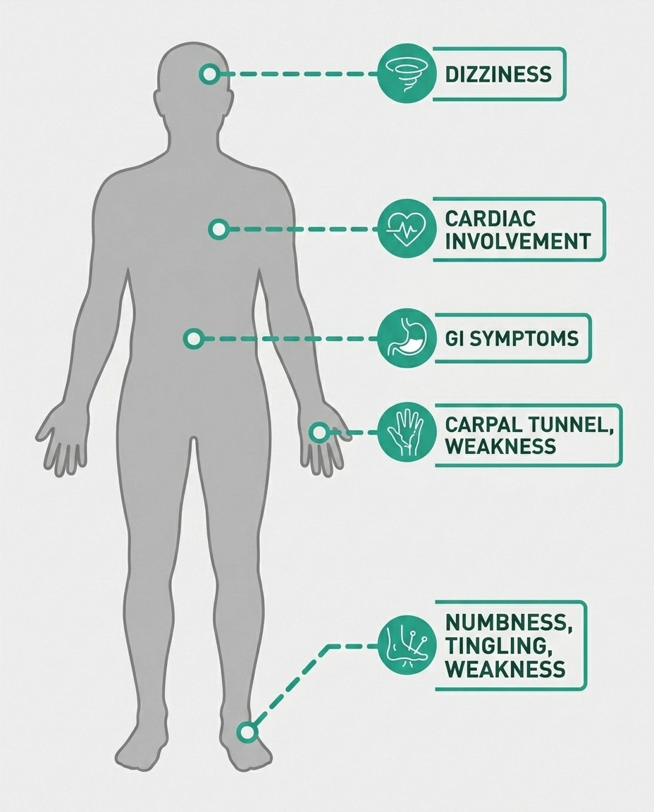Body diagram showing ATTR amyloid neuropathy symptoms including nerve pain and autonomic effects