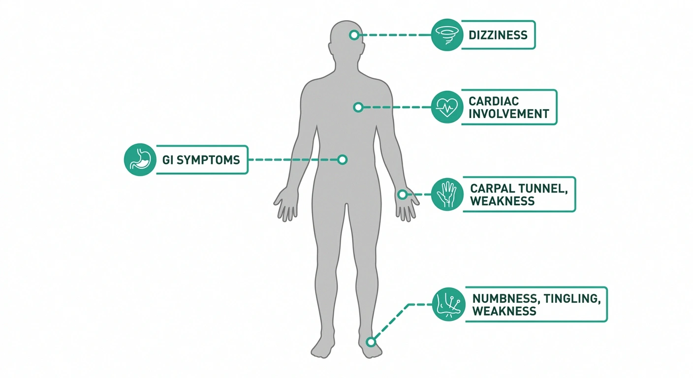 Body diagram showing ATTR amyloid neuropathy symptoms including nerve pain and autonomic effects
