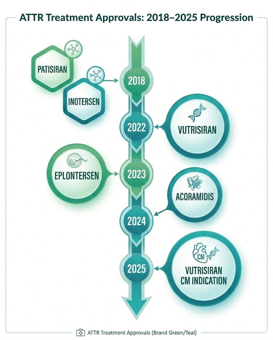 Timeline of FDA-approved ATTR amyloidosis treatments 2018 to 2025