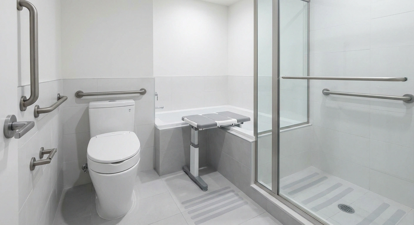 Modern bathroom with neuropathy safety modifications including grab bars, transfer bench, non-slip strips, and raised toilet seat