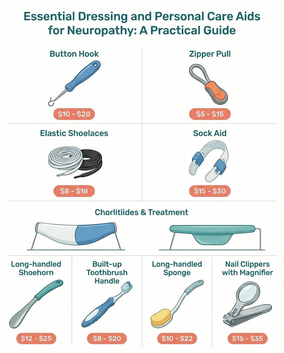 Infographic showing eight essential dressing and personal care assistive devices for neuropathy patients with prices