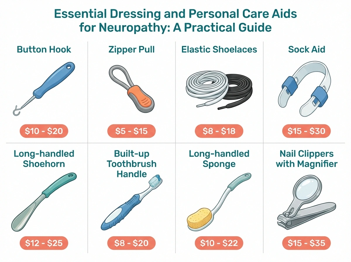 Infographic showing eight essential dressing and personal care assistive devices for neuropathy patients with prices
