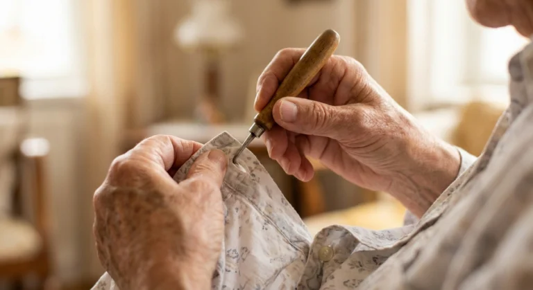Hands using a button hook assistive device to fasten a shirt button for neuropathy patients with reduced hand function