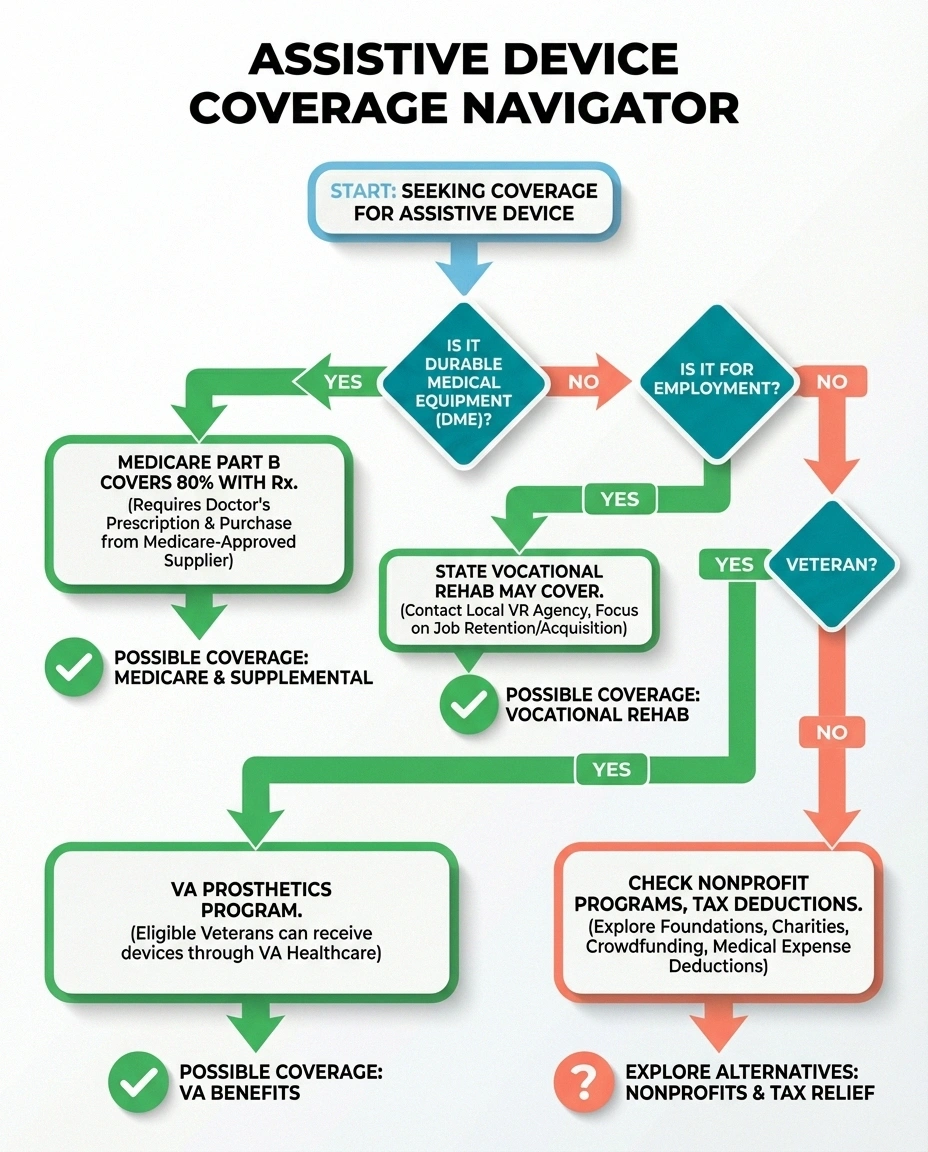 Decision tree infographic showing pathways to get assistive devices covered by Medicare, VA benefits, vocational rehab, or nonprofit programs