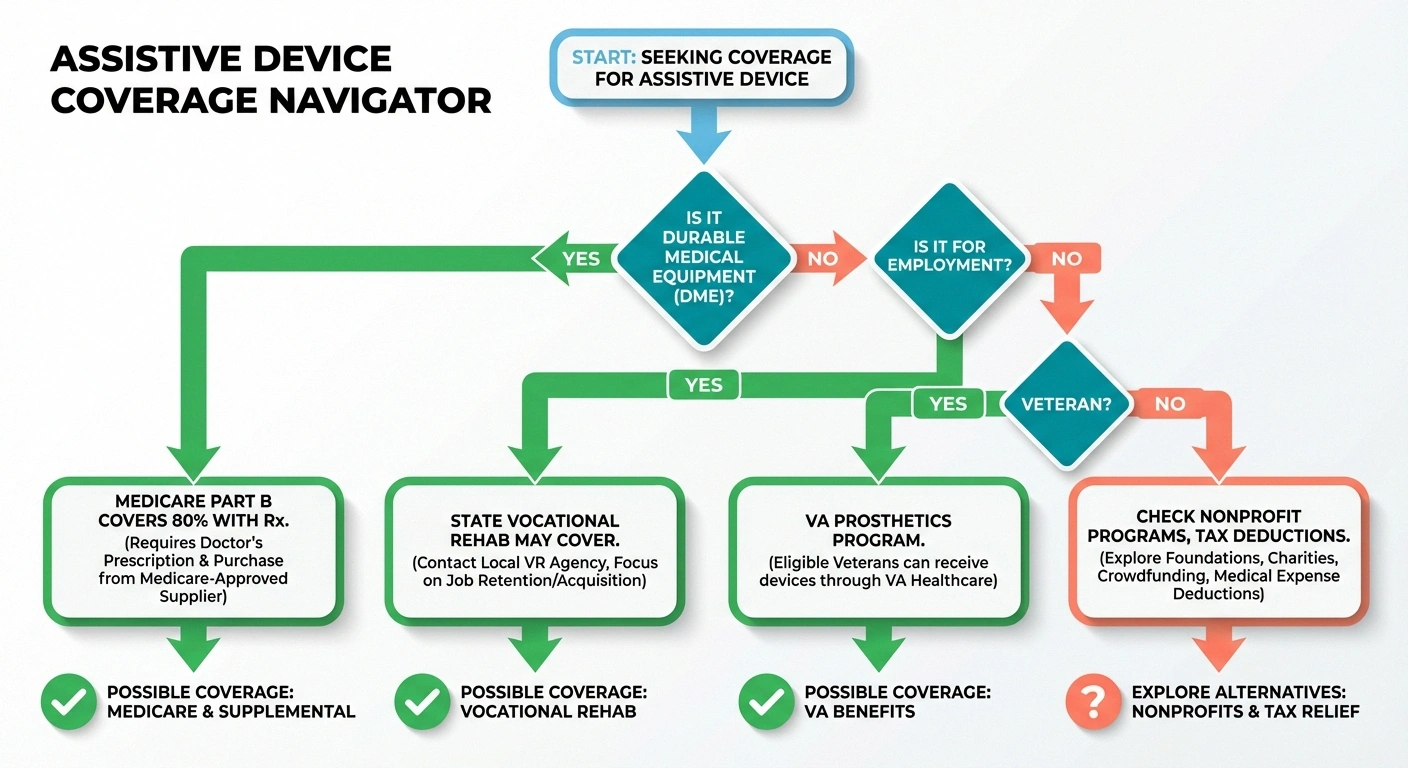 Decision tree infographic showing pathways to get assistive devices covered by Medicare, VA benefits, vocational rehab, or nonprofit programs