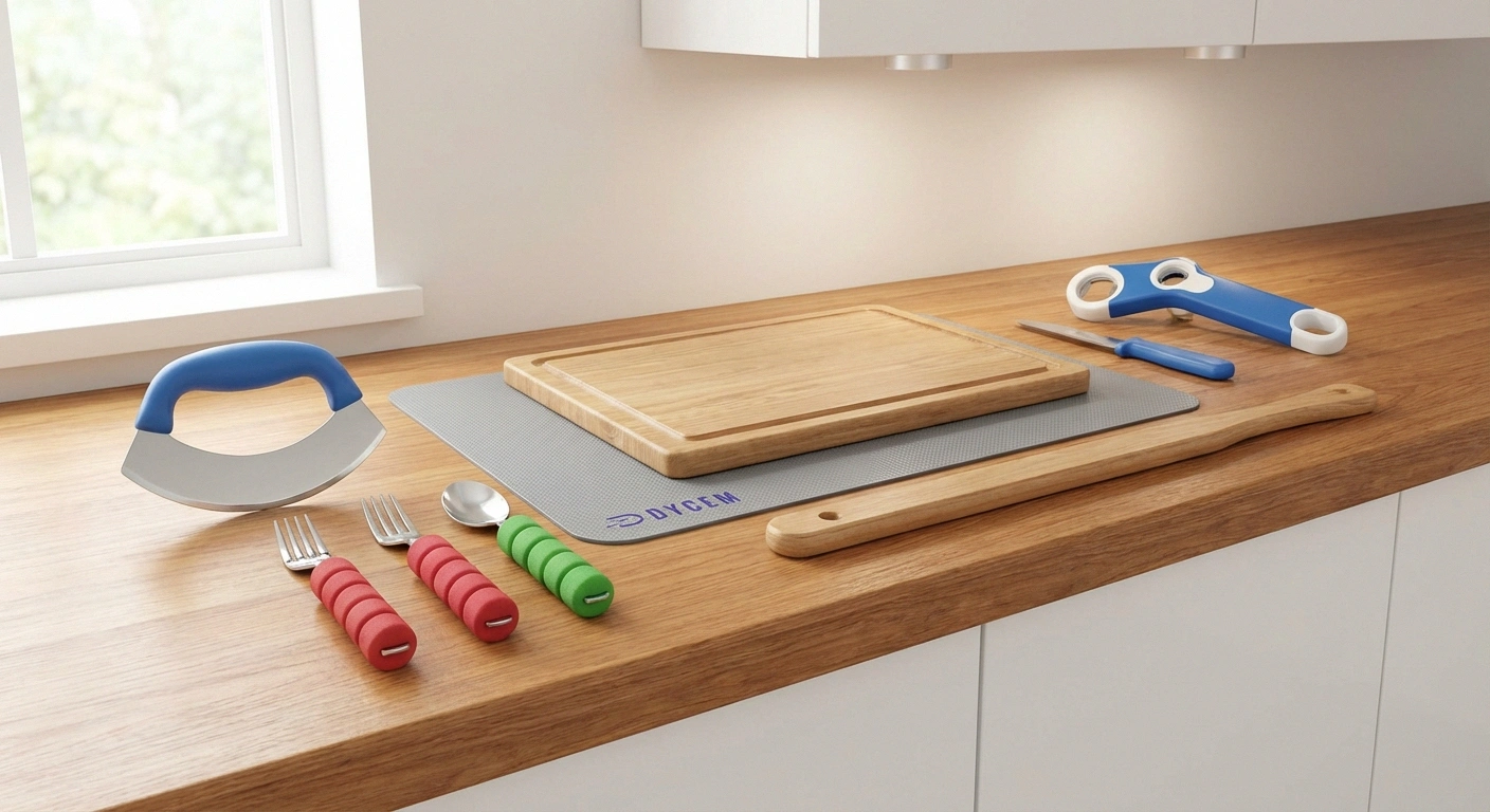 Collection of adaptive kitchen tools for neuropathy including rocker knife, built-up utensils, non-slip mat, and oven rack puller