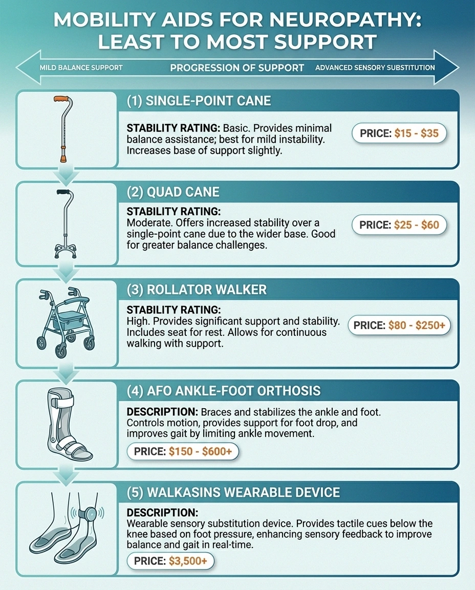 Comparison infographic of mobility and balance devices for neuropathy from canes to advanced wearable technology with prices