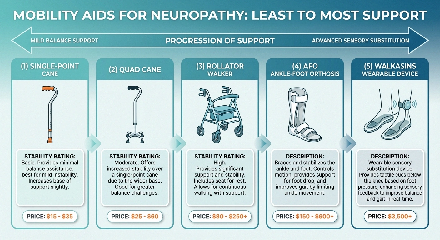 Comparison infographic of mobility and balance devices for neuropathy from canes to advanced wearable technology with prices