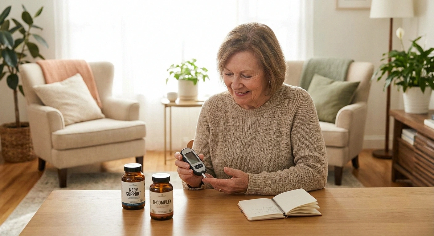 Person with diabetes checking blood sugar — benfotiamine may help diabetic neuropathy