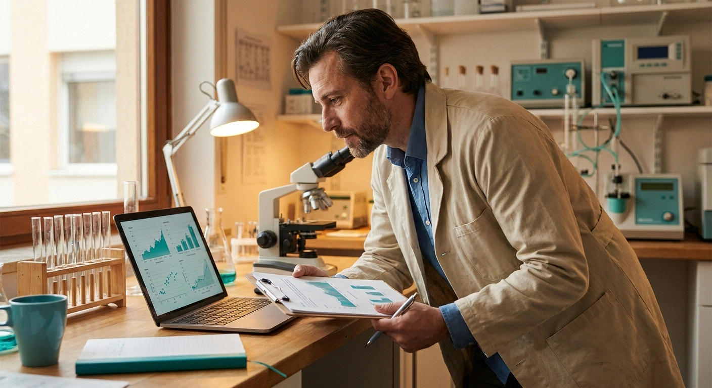 Medical researcher reviewing clinical trial data on benfotiamine for neuropathy