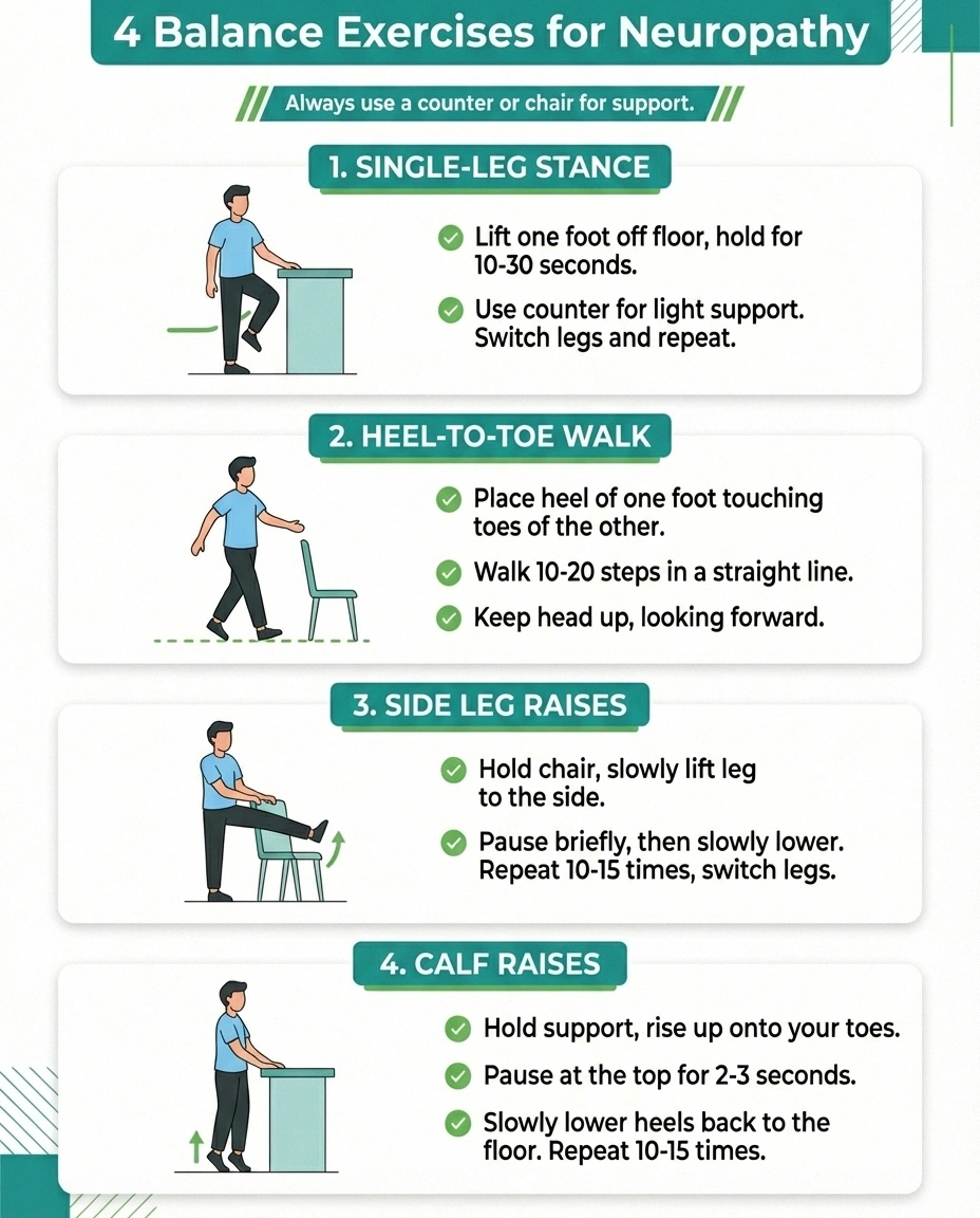 Infographic showing four balance exercises for neuropathy including single leg stance heel to toe walk side leg raises and calf raises