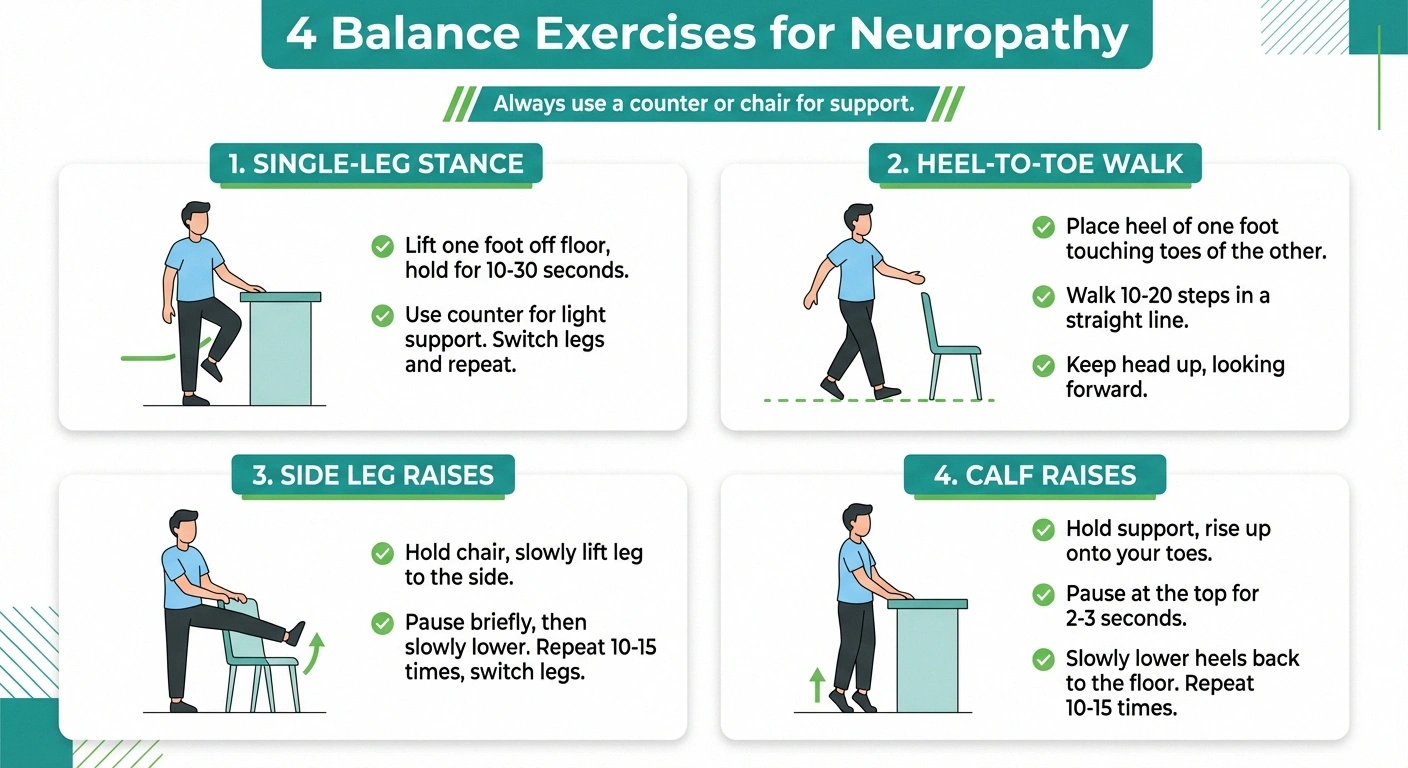 Infographic showing four balance exercises for neuropathy including single leg stance heel to toe walk side leg raises and calf raises