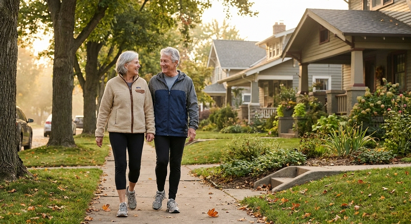 Older couple walking together outdoors as part of a consistent neuropathy exercise routine