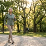 Older woman walking briskly on a park path as exercise for neuropathy pain relief
