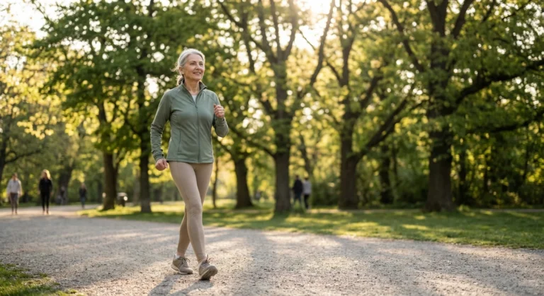 Older woman walking briskly on a park path as exercise for neuropathy pain relief