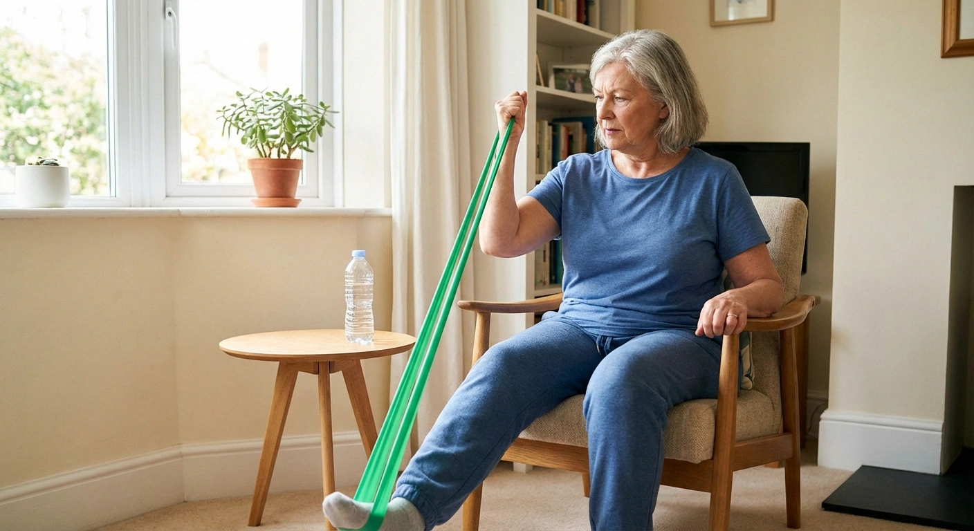 Older woman doing seated resistance band bicep curls at home for neuropathy strength training