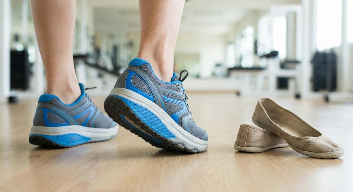 Close-up of supportive athletic shoes for safe neuropathy exercise on gym floor