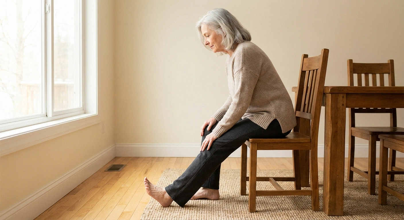 Older woman performing seated hamstring stretch for neuropathy flexibility and pain relief