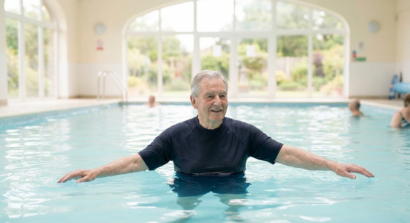 Senior man performing water aerobics exercises in a pool for neuropathy symptom relief