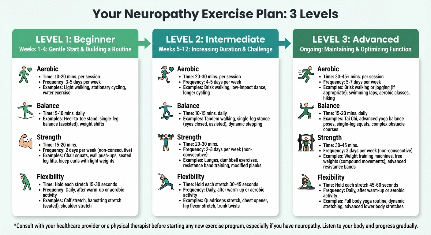 Infographic showing three level neuropathy exercise plan from beginner to intermediate to advanced with weekly recommendations