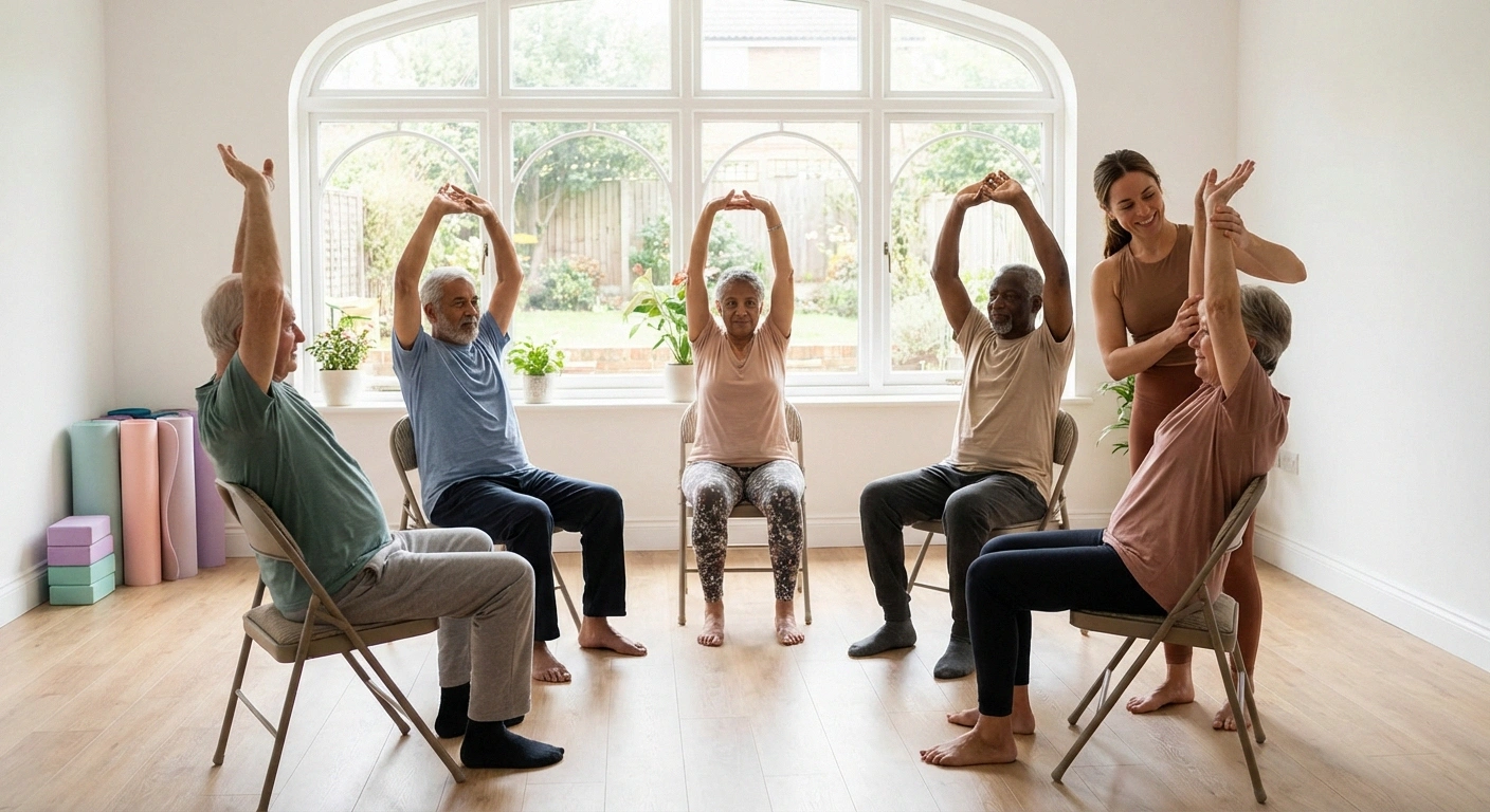 Older adults practicing chair yoga in a bright studio as gentle mind body exercise for neuropathy