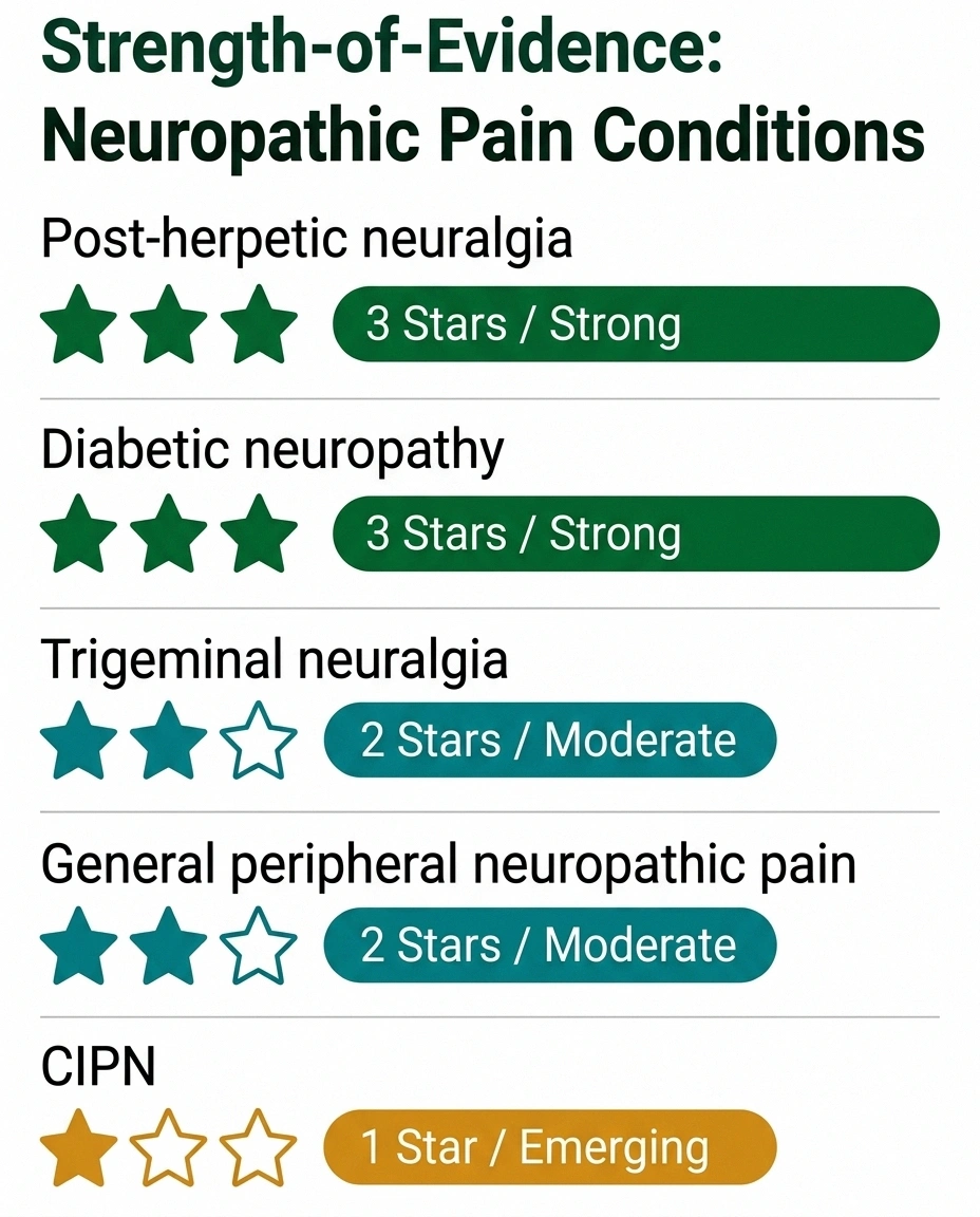 Evidence strength chart for botulinum toxin effectiveness in different types of neuropathic pain