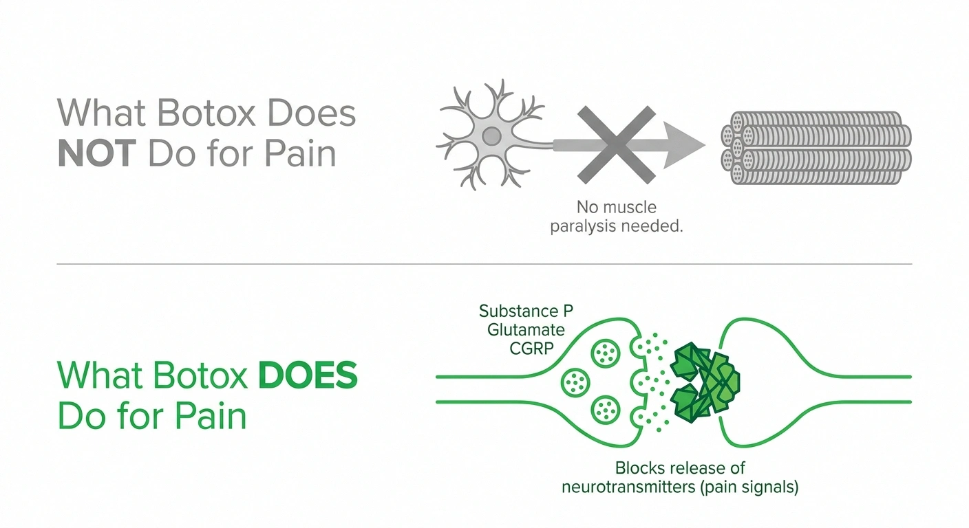 Diagram showing how botulinum toxin blocks pain mediators in sensory nerves independently of muscle effect