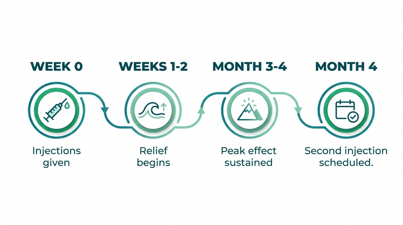 Timeline showing botulinum toxin neuropathy pain relief onset and duration from injection to 4 months