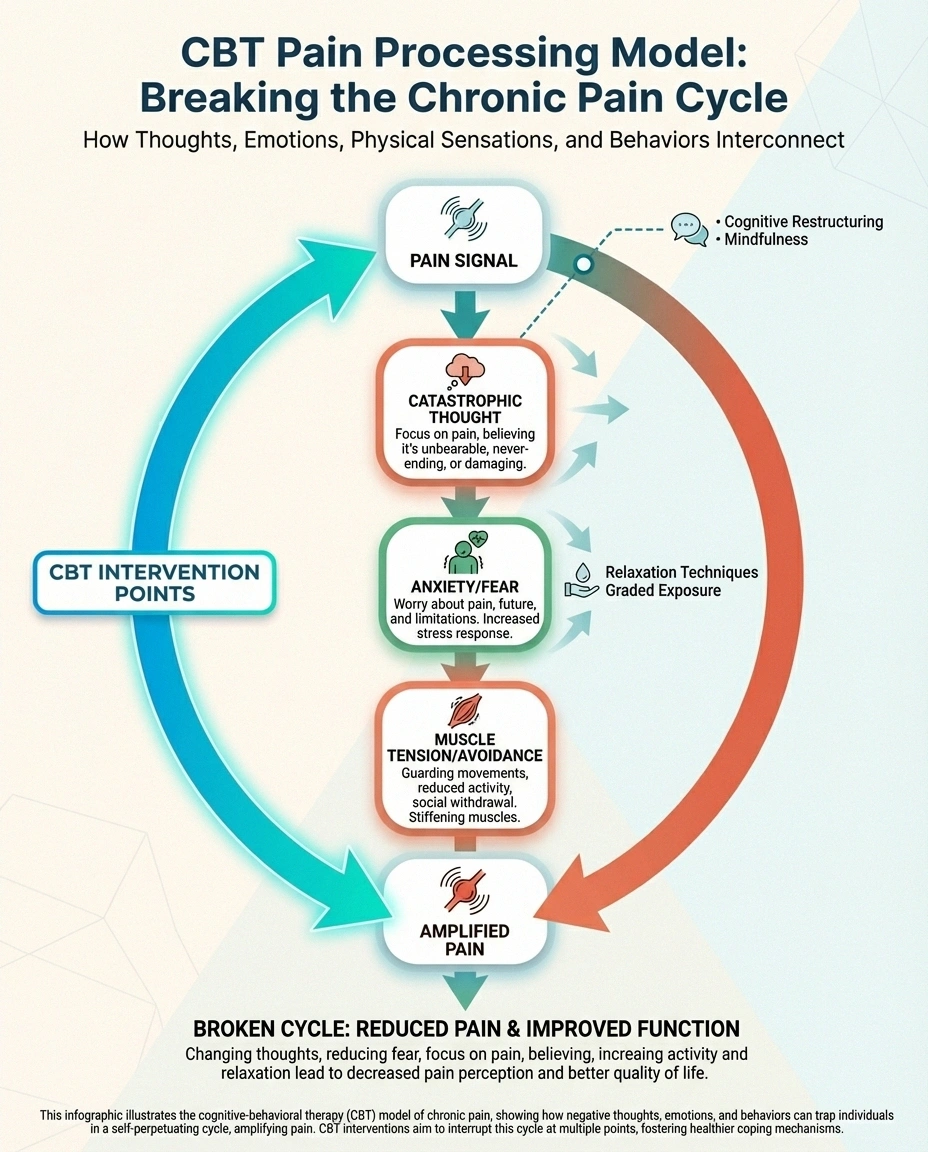 Infographic showing how cognitive behavioral therapy breaks the chronic pain cycle in neuropathy patients