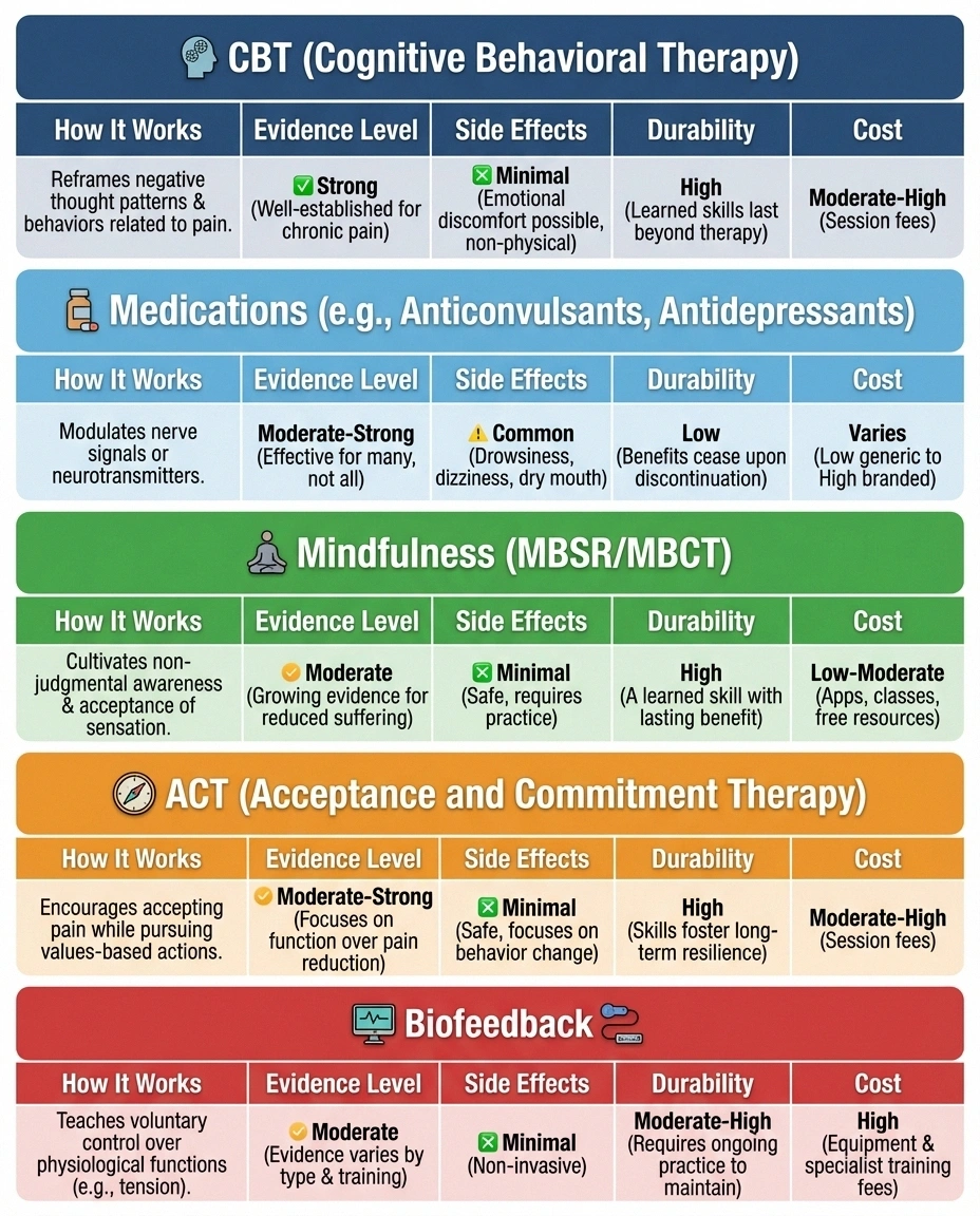 Comparison chart of CBT versus other pain management approaches for neuropathy