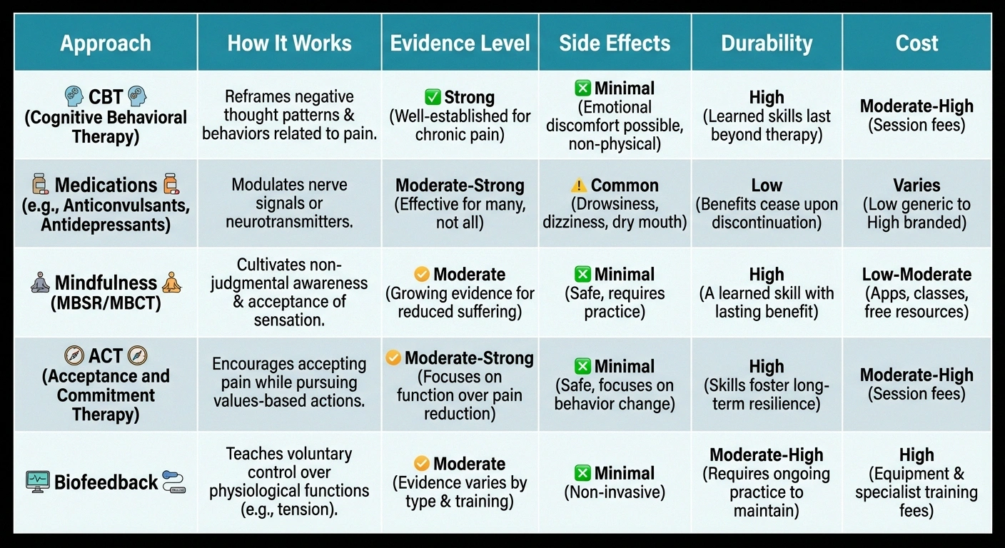 Comparison chart of CBT versus other pain management approaches for neuropathy