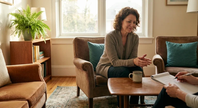Woman in a cognitive behavioral therapy session for neuropathy pain management