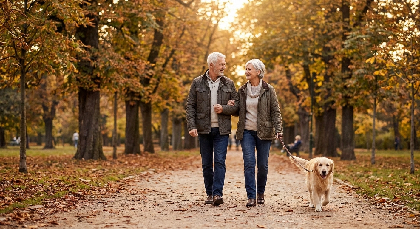 Older couple walking in a park representing improved quality of life from CBT for neuropathy