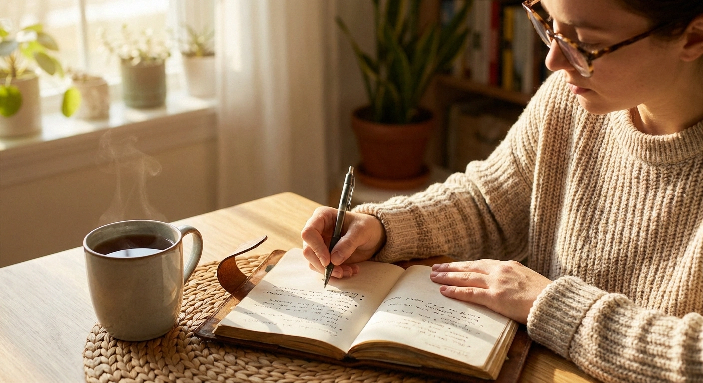 Person writing in a thought record journal as part of CBT self-practice for neuropathy pain