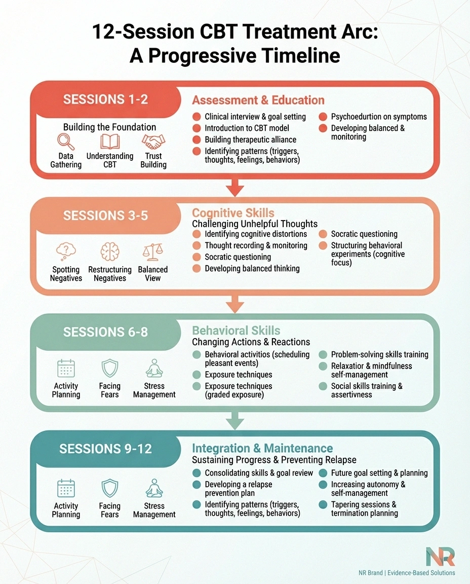Timeline showing what to expect during a 12-session CBT program for neuropathy pain