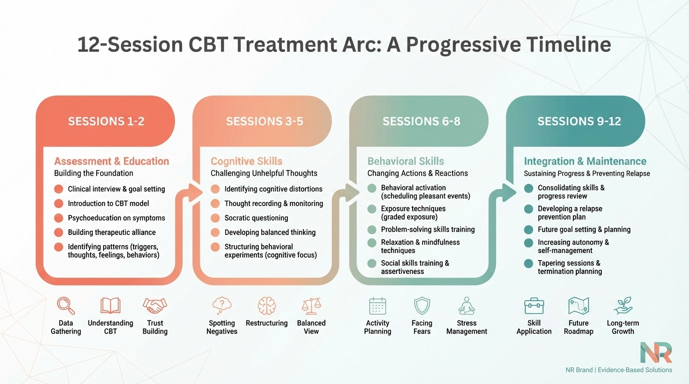 Timeline showing what to expect during a 12-session CBT program for neuropathy pain