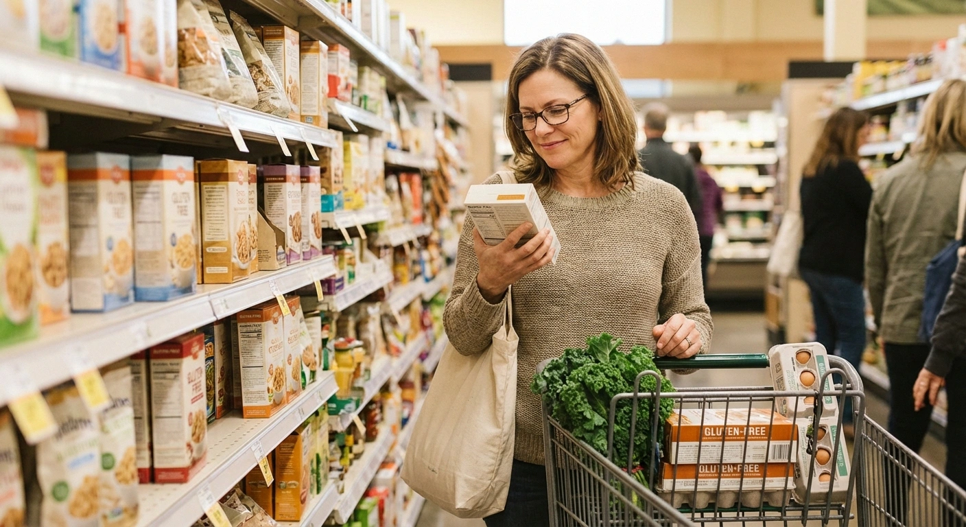Person carefully reading ingredient labels at grocery store to maintain a strict gluten-free diet for celiac neuropathy