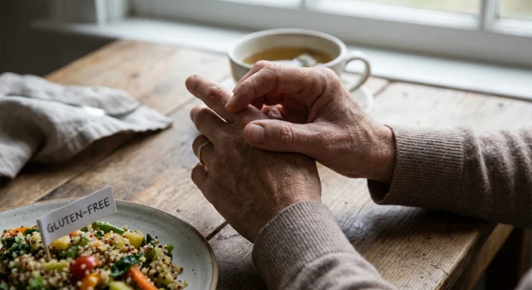 Person with neuropathy symptoms in hands sitting near a gluten-free meal showing the celiac nerve connection