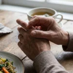 Person with neuropathy symptoms in hands sitting near a gluten-free meal showing the celiac nerve connection