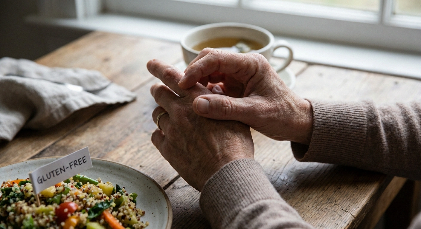 Person with neuropathy symptoms in hands sitting near a gluten-free meal showing the celiac nerve connection