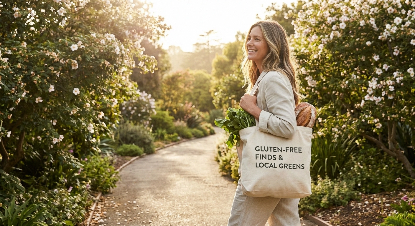 Person walking outdoors with groceries looking healthy and managing celiac disease and neuropathy proactively