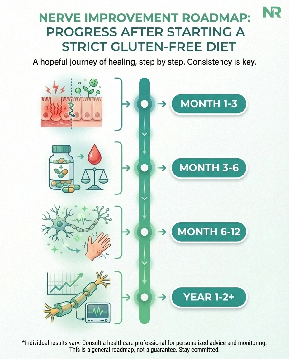 Timeline infographic showing nerve recovery stages after starting gluten-free diet for celiac disease neuropathy