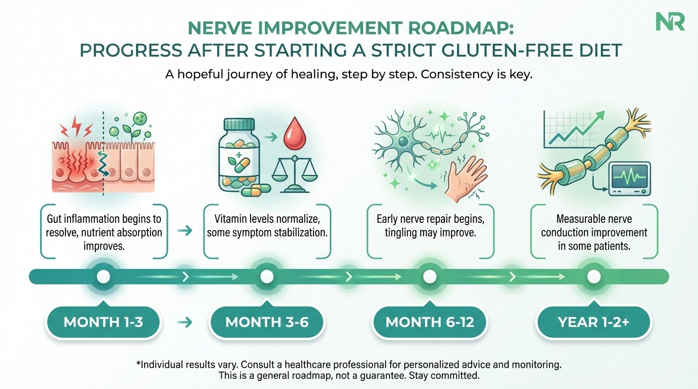 Timeline infographic showing nerve recovery stages after starting gluten-free diet for celiac disease neuropathy