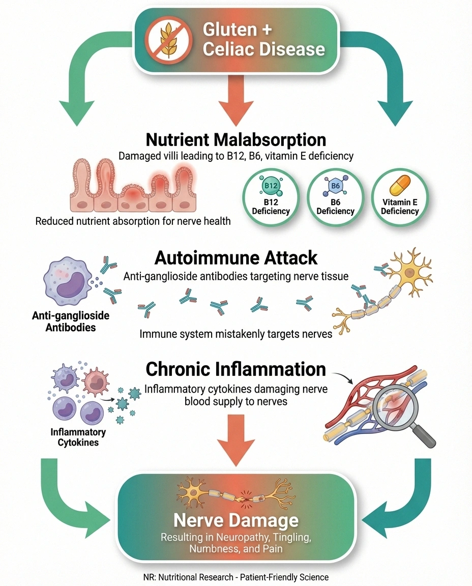 Infographic showing three pathways how gluten damages nerves in celiac disease including malabsorption autoimmune and inflammation