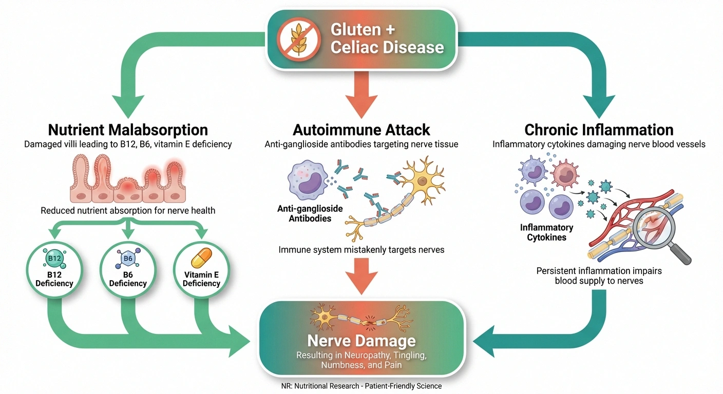 Infographic showing three pathways how gluten damages nerves in celiac disease including malabsorption autoimmune and inflammation