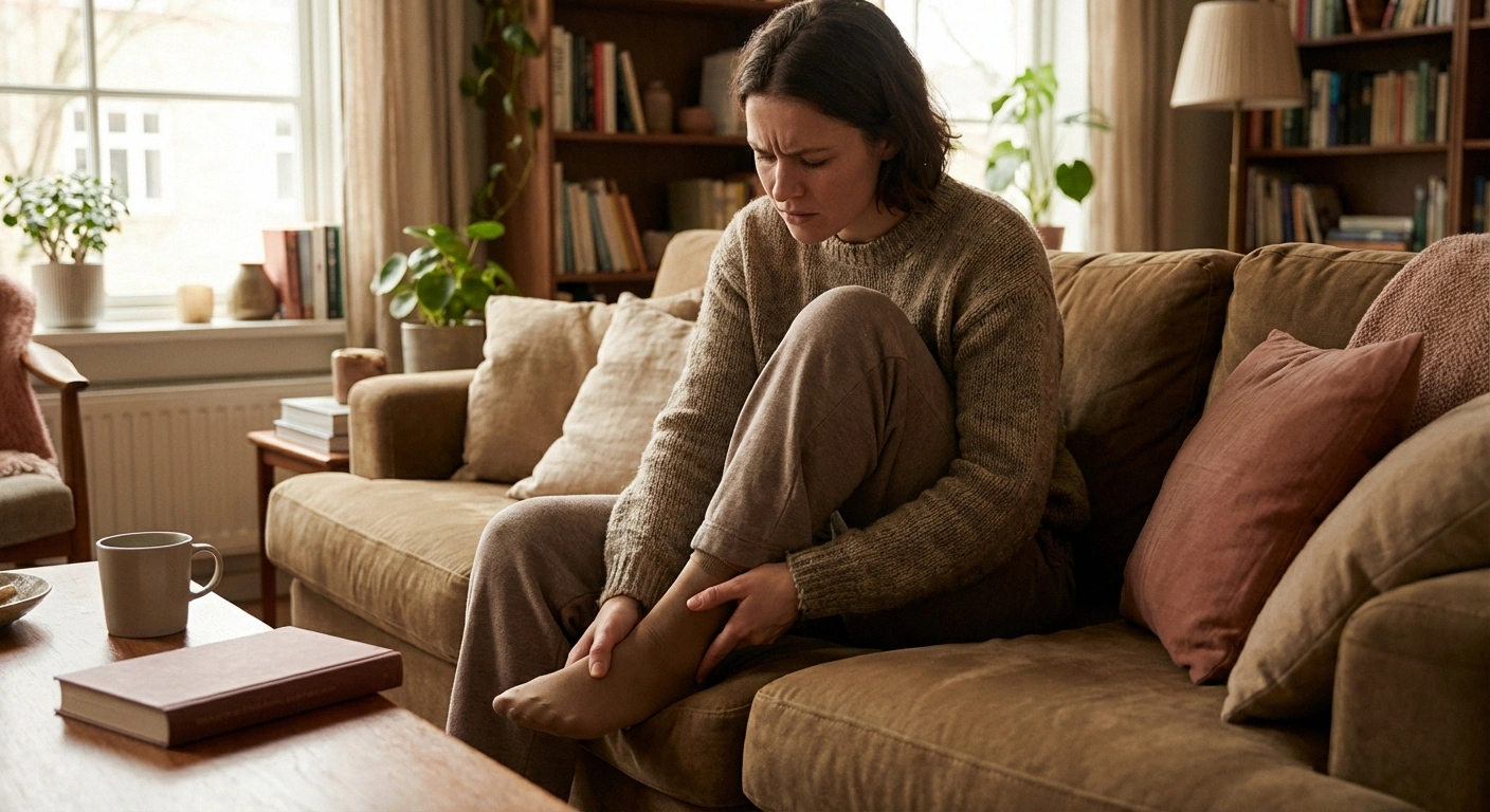Person rubbing tingling feet while sitting at home experiencing celiac disease neuropathy symptoms
