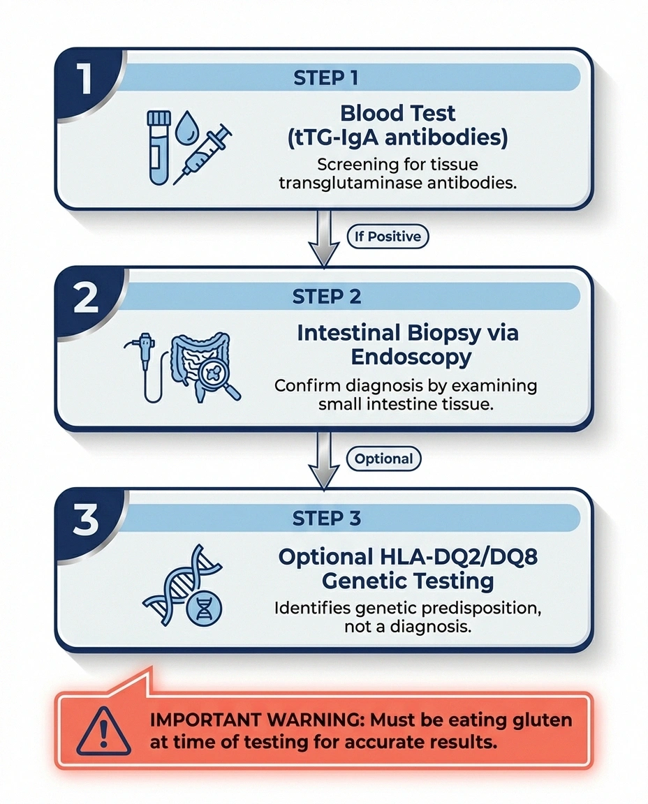 Step-by-step infographic showing celiac disease diagnostic pathway including blood test biopsy and genetic testing
